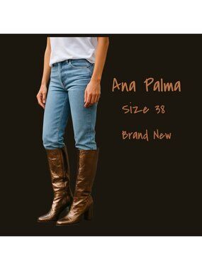 Ana Palma Bronze Metallic Leather Knee-High Boots Size 38 EUR New
